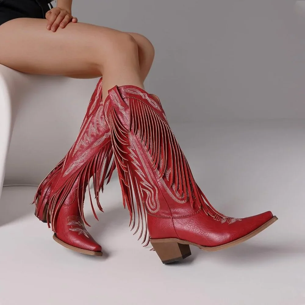 Women's Red Fringe Knee High Cowgirl Western Boots with Embroidery Pointed Toe - Picture 3 of 6